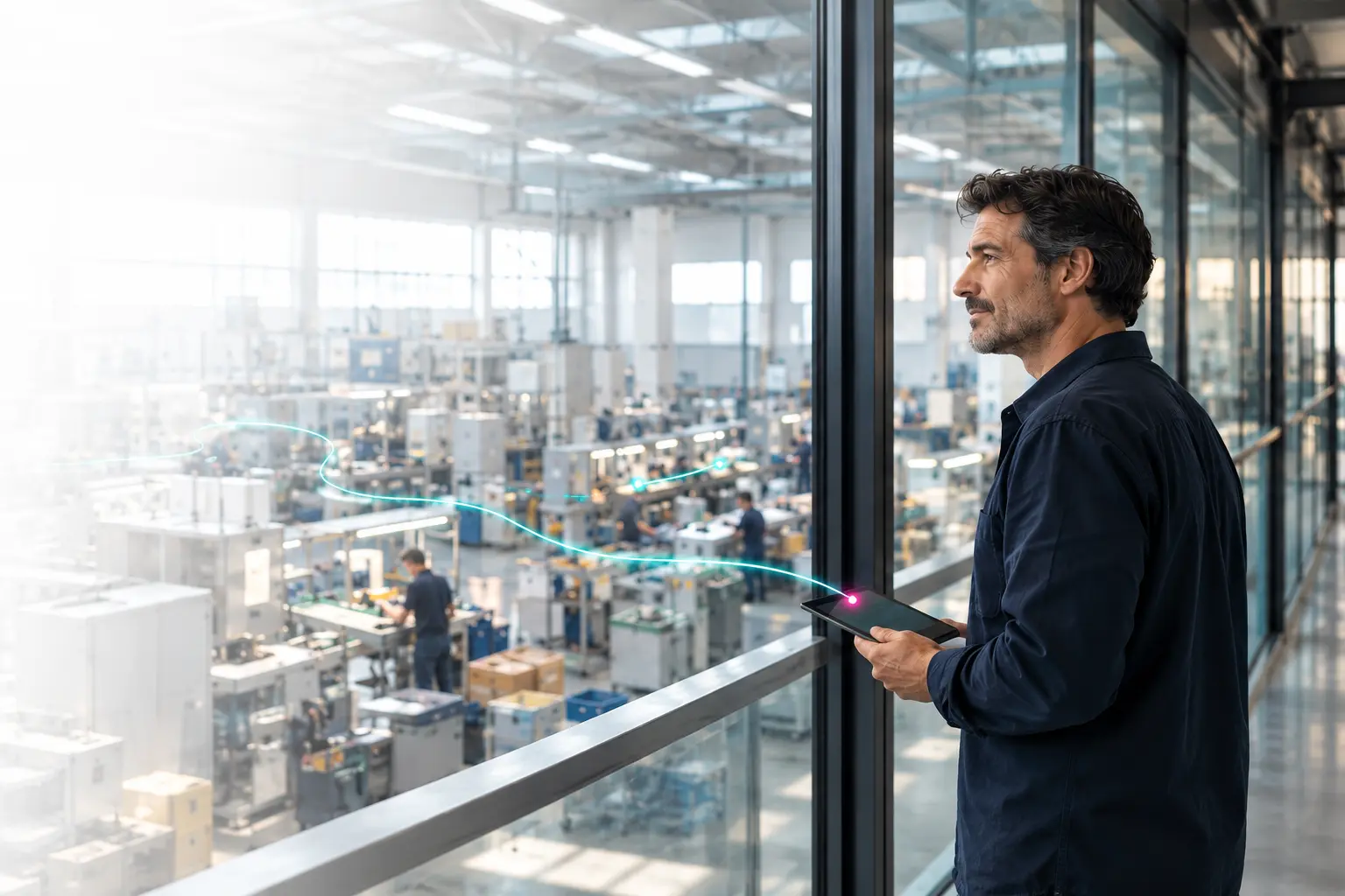 Rappresentazione concettuale di un professionista che osserva la produzione con un tablet e connessioni tra impianti e dati